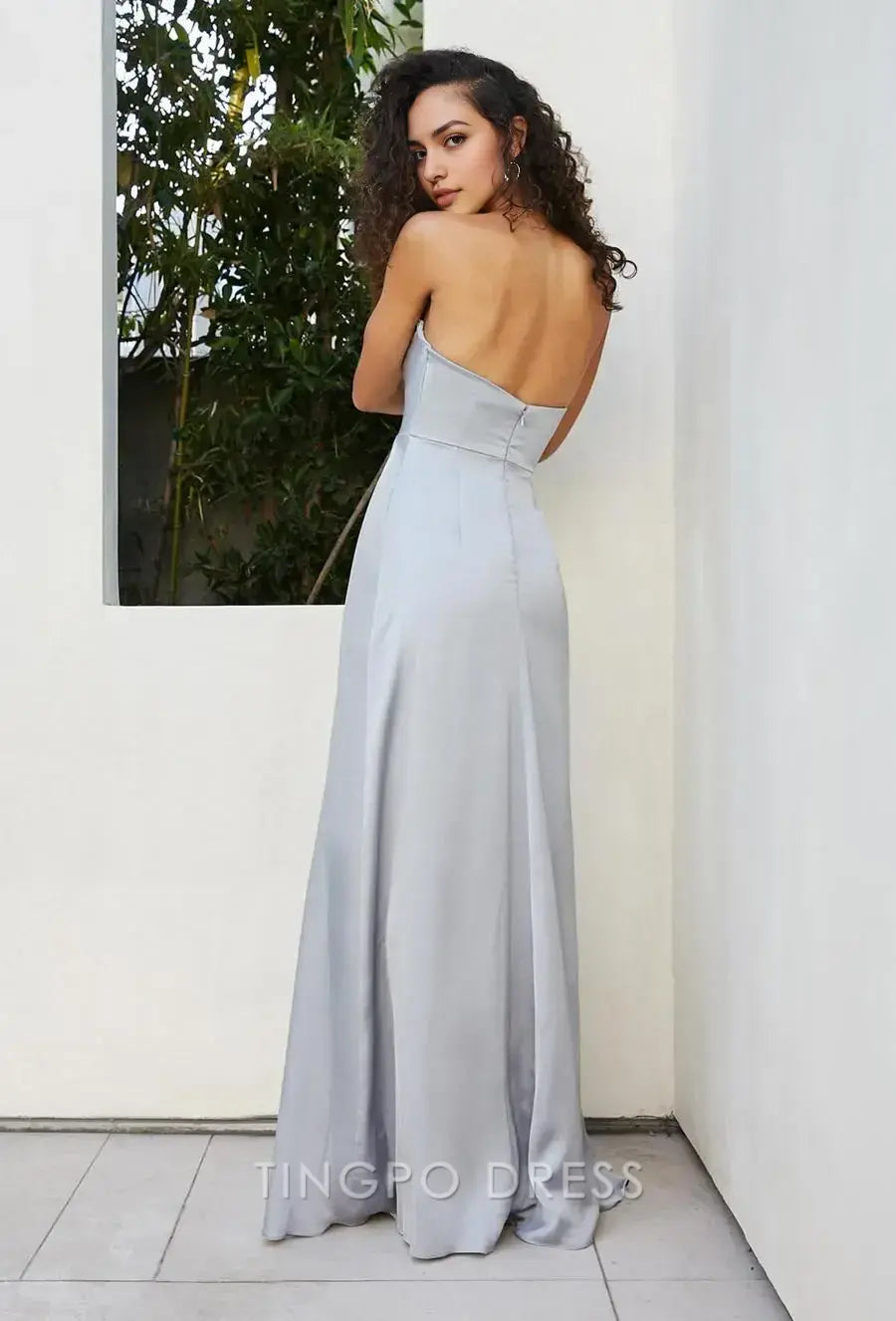TingPo Wholesale Simple Light Grey Strapless Satin Dress - Ruched Bodice Elegant Evening Gown